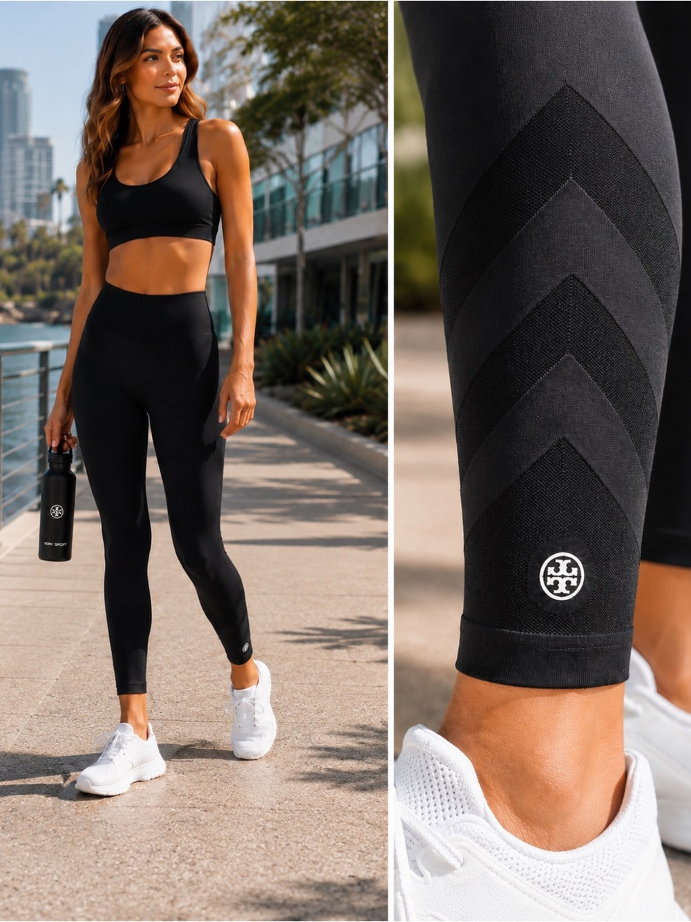 TORY SPORT Black High Rise Stretch Seamless 7/8 Legging Chevron Graphic w Logo